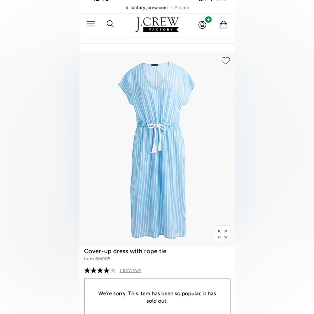 J. Crew Factory Cover-Up lightweight dress, Size M w/Blue & White stripes, NWOT